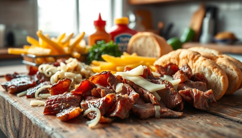 Philly cheesesteak ingredients preparation Philly cheesesteak ingredients preparation